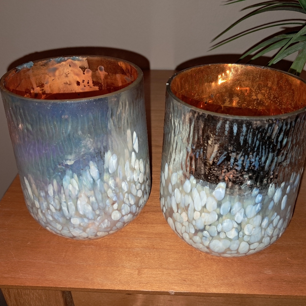 ANTHROPOLOGIE glass metallic  candle vessels.